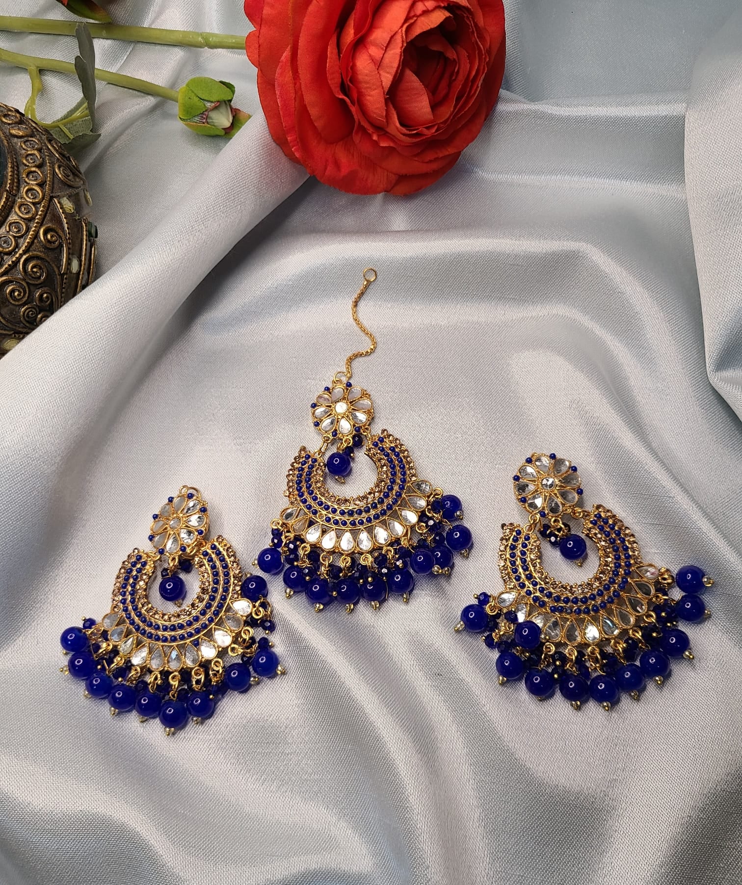 Ink Blue Kundan Tikka Set